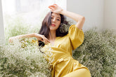 Wrap-Style Silk Dress with Puff Sleeves and Waist Tie Detail